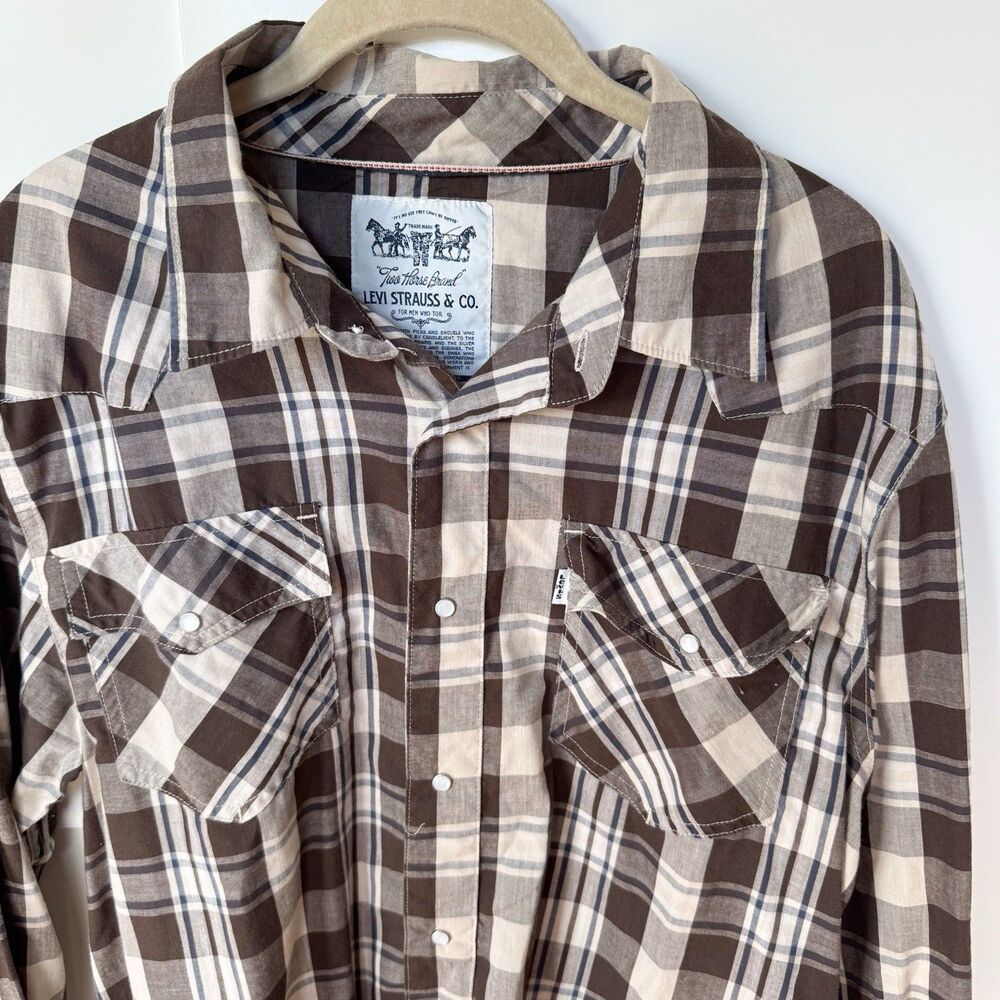 Levi Strauss & Co Pearl Snap‎ Long Sleeve Plaid Western Shirt Size L Brown/Navy